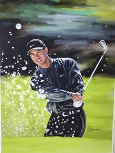 lot 36A image: Signed by artist Jiang Zunzhong (2) canvas mixed media artwork Tiger Woods alone and a trio of Woods, Nicklaus & Palmer