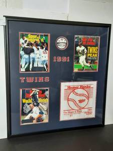 lot 179 image: 1991 Sports Illustrated covers of Twins World Series Champions with a Homer Hanky, professionally framed