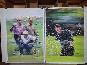 lot 15A image: Signed by artist Jiang Zunzhong (2) mixed media artwork on canvas Tiger Woods alone. One with Woods Nicklaus & Palmer