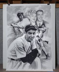 lot 9A image: Signed by artist Jiang Zunzhong Joe DiMaggio mixed media artwork. Measures approx 28 W X 41 H.