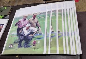 lot 245 image: (9) Signed by artist Jiang Zunzhong Tiger Woods, Jack Nicklaus and Arnold Palmer mixed media artwork on canvas