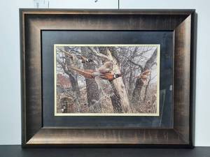 lot 260 image: Signed James Meger 90 Storm Warning Pheasants, professionally framed artwork.