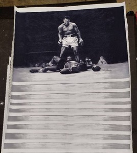 lot 233 image: (9) Signed by artist Jiang Zunzhong Mohammed Ali v. Sonny Liston,, Black & White artwork on canvas