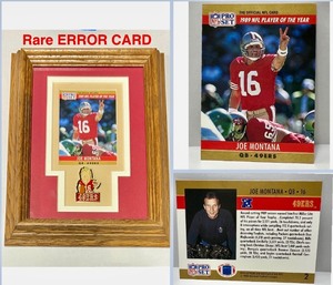 lot 31C image: RARE NFL 49ers Joe Montana #16 ERROR Trading Card, professionally framed.