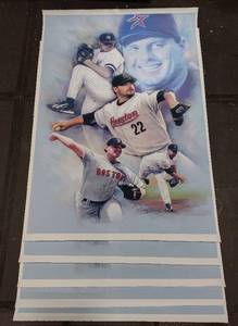 lot 281 image: (5) Signed by artist Jiang Zunzhong Roger Clemens mixed media artwork canvas