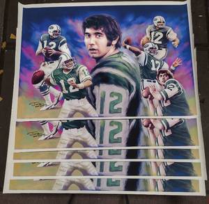 lot 266 image: (5) Signed by artist Jiang Zunzhong Joe Namath mixed media artwork canvas