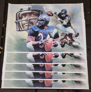 lot 284 image: (5) Signed by artist Jiang Zunzhong Walter Payton #34 mixed media artwork canvas