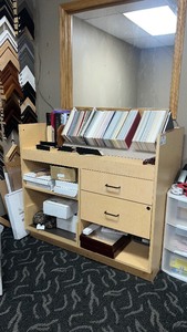 lot 240 image: Retail DisplayWork Table with open storage shelves and 2 drawers