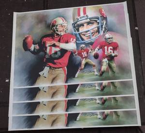 lot 286 image: (4) Signed by artist Jiang Zunzhong Joe Montana #16 mixed media artwork canvas
