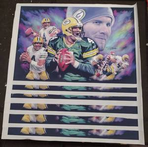 lot 309 image: (6) Signed by artist Jiang Zunzhong Brett Favre mixed media artwork on canvas