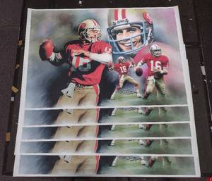lot 310 image: (5) Signed by artist Jiang Zunzhong Joe Montana #16 mixed media artwork on canvas.