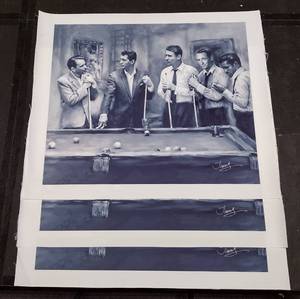 lot 290 image: (3) Signed by artist Jiang Zunzhong The Rat Pack  Sinatra, Martin, Lawford, Davis, Jr. Joey Bishop) mixed media artwork canvas