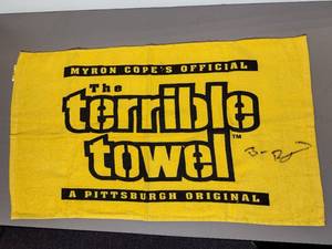 lot 26D image: Signed Authenticated Pittsburgh Steelers  Ben Roethlisberger on the Terrible Towel. Measures 26 w x 15 H.