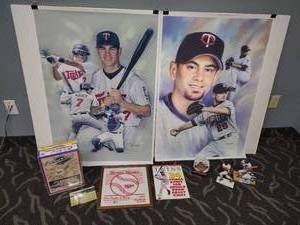 lot 262 image: Kirby Puckett Twins Collectibles. Signed Artist Jiang of TWINS Mauer & Lewis artwork. Signed Kelloggs Frosted Flakes Box