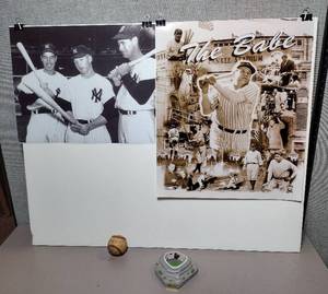 lot 100A image: Signed Babe Ruth Ball. Cooperstown The Babe. Red Sox Williams, Yankees Mantle & DiMaggio Photo. Replica Yankee Stadium