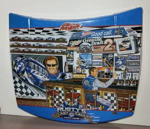 lot 282 image: HIRev NASCAR Hood Replica Sam Boss 2005 LE 89500. Miller. Rustys Last Call. Original wrap Authentication sticker. 29 x 26