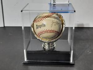 lot 234 image: Team-signed Angels Baseball in acrylic display case, Measures approx 5 x 5 x 4