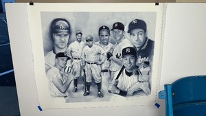 lot 37 image: 2 Authentic Yankee Stadium Seats and Artwork of Famous Yankee Players