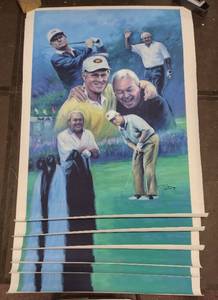 lot 302 image: (6) Signed by artist Jiang Zunzhong Jack Nicklaus and Arnold Palmer mixed media artwork on canvas