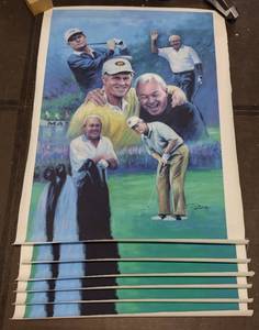 lot 307 image: (6) Signed by artist Jiang Zunzhong Jack Nicklaus and Arnold Palmer mixed media artwork on canvas
