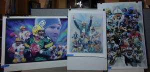 lot 304 image: (2) Signed by artist Jiang Zunzhong Brett Favre and (3) NFL Football Greats mixed media artwork on canvas