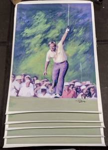 lot 311 image: (5) Signed by artist Jiang Zunzhong Jack Nicklaus mixed media artwork on canvas