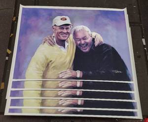 lot 305 image: (5) Signed by artist Jiang Zunzhong Jack Nicklaus and Arnold Palmer mixed media artwork on canvas