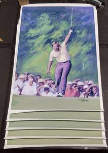 lot 341 image: (5) Signed by artist Jiang Zunzhong Jack Nicklaus mixed media artwork on canvas