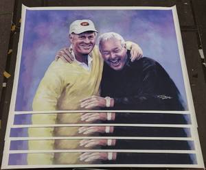lot 315 image: (5) Signed by artist Jiang Zunzhong Jack Nicklaus & Arnold Palmer mixed media artwork on canvas