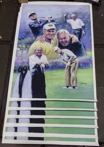 lot 342 image: (6) Signed by artist Jiang Zunzhong Jack Nicklaus & Arnold Palmer mixed media artwork on canvas