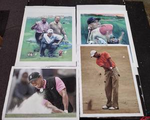 lot 352 image: Signed by artist Jiang Zunzhong (2) mixed media artwork on canvas Tiger Woods & one with Woods, Palmer. 2 Woods photos