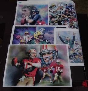 lot 353 image: Signed Jiang Zunzhong (4) mixed media artwork on canvas Joe Montana Brett Favre and Bart StarrBrett Favre John Elway 1 more.