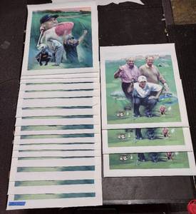 lot 354 image: Signed by artist Jiang Zunzhong (19) mixed media artwork on canvas 16 w Tiger Woods & 3 w Woods, Nicklaus and Palmer