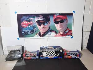 lot 358 image: Signed by artist Jiang Zunzhong Dale Earnhardt Sr & Jr Nascar Racing Stars mixed media artwork on canvas. (4) Diecast Cars