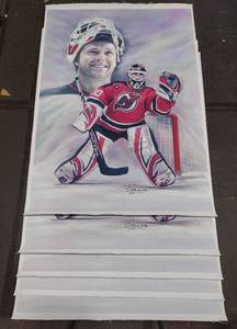 lot 410 image: (5) Signed by artist Jiang Zunzhong NHL #30 New Jersey Devils Border mixed media artwork on canvas