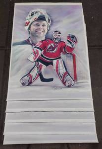 lot 420 image: (5) Signed by artist Jiang Zunzhong NHL #30 New Jersey Devils Brodeur mixed media artwork on canvas