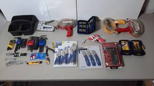 lot 411 image: Small tools Irwin Drill bits, hex keys, Kobalt bit set, knife set, locking pliers set, (3) Scotch adhesive transfer dispensers, Arrow T50P stapler& hot glue gun