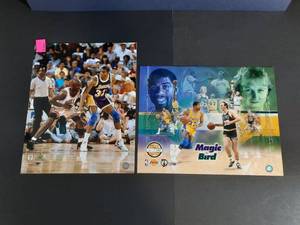 lot 415 image: Gold Limited Edition Magic Johnson and Larry Bird Posters. Authenticated Upper Deck Photos Magic and Michael Jordan.