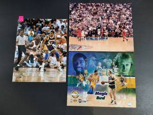 lot 83E image: Gold Limited Edition Magic Johnson and Larry Bird Poster Authenticated Upper Deck Photos Magic and Michael Jordan. 1 photo of a game.