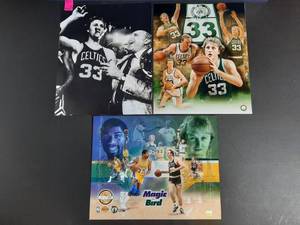 lot 85B image: (1) Gold Ltd Edition Magic Johnson and Larry Bird(1) MBA Official photo collage of Larry Bird. (1) Bird Boston Smoking Cigar