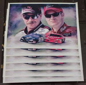 lot 421 image: (6) Signed by artist Jiang Zunzhong Dale Earnhardt Sr and Jr Nascar Racing Stars mixed media artwork on canvas