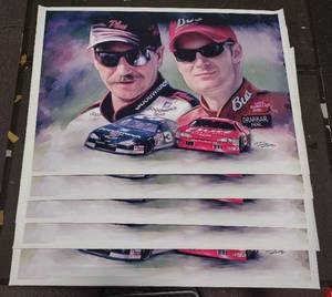 lot 431 image: Signed by artist Jiang Zunzhong Dale Earnhardt Sr and Jr Nascar Racing Stars mixed media artwork on canvas