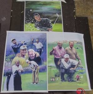 lot 422 image: Signed by Jiang Zunzhong (3) mixed media artwork on canvas Tiger Woods, trio of Woods, Nicklaus & Palmer, Palmer & Nicklaus