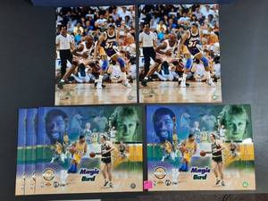 lot 117A image: (4) Gold Limited Edition Magic Johnson and Larry Bird Posters (2) Authenticated Upper Deck Photos Magic and Michael Jordan.