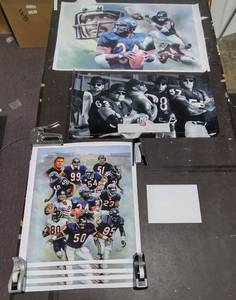 lot 434 image: WGN Poster Cgo Bears 70 Seasons Signed by artist Jiang Zunzhong Walter Payton mixed media artwork on canvas & Bears