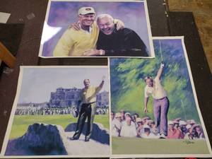 lot 429 image: Signed Jiang Zunzhong (3) mixed media artwork on canvas Jack Nicklaus, Nicklaus and Palmer, Nicklaus on the Switch Bridge