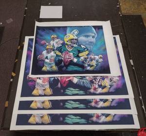 lot 432 image: (4) Signed by artist Jiang Zunzhong Brett Favre mixed media artwork on canvas
