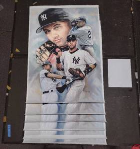 lot 436 image: (6) Signed by artist Jiang Zunzhong Derek Jeter mixed media artwork on canvas