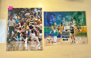 lot 74A image: Gold Limited Edition Magic Johnson and Larry Bird Posters Authenticated Upper Deck Photos Magic and Michael Jordan