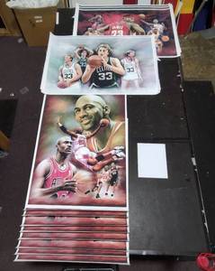 lot 437 image: Signed by artist Jiang Zunzhong mixed media artwork on canvas. (9) Michael Jordan (2) Larry Bird #33 (3) LeBron James #23
